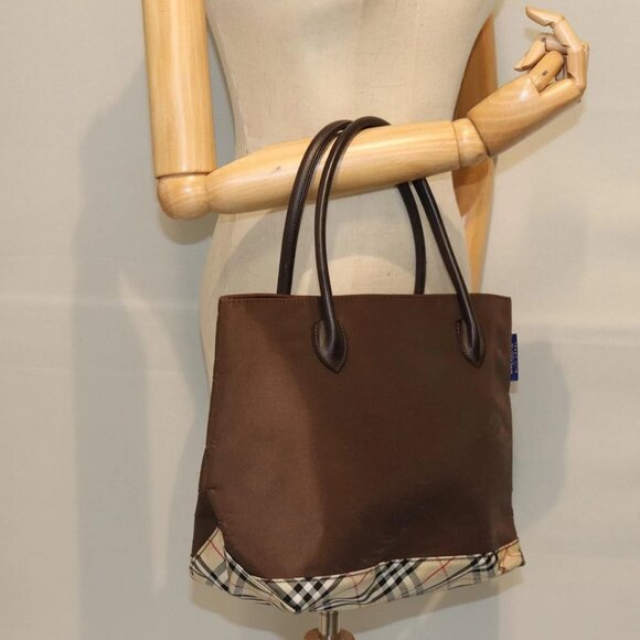 Burberrys Nova Check Blue Label Hand Bag Nylon Brown Beige Auth - Picture 1 of 16